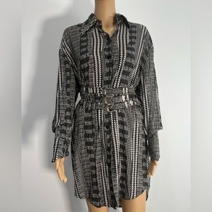 Belted Long Sleeve Shirt Pattern Mini Dress